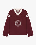 Badge V-Neck Knit | Burgundy flatlay