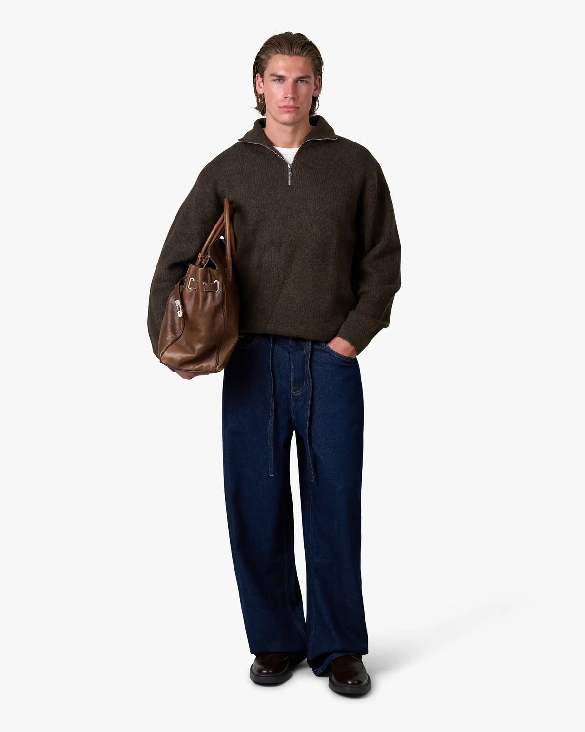 Sontuso Knitted Half-Zip Sweater | Dark Brown